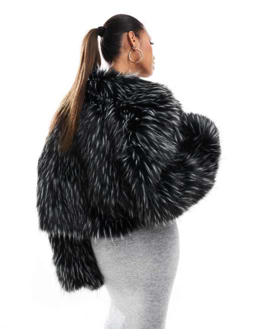 Aria Cove cropped faux fur oversized collar jacket in black