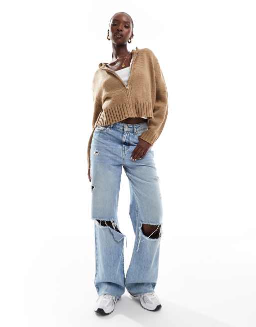 Aria Cove - Cropped gebreide hoodie met rits in camel, 2 van 4