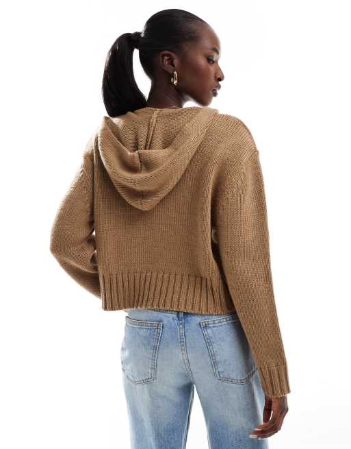 Aria Cove - Cropped gebreide hoodie met rits in camel, 3 van 4
