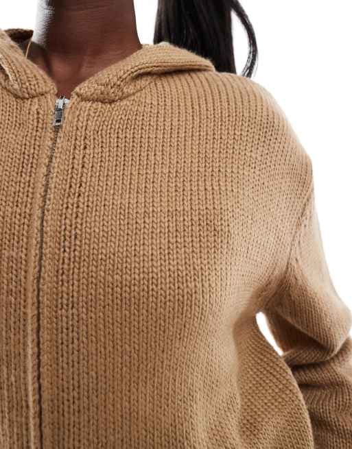 Aria Cove - Cropped gebreide hoodie met rits in camel, 4 van 4