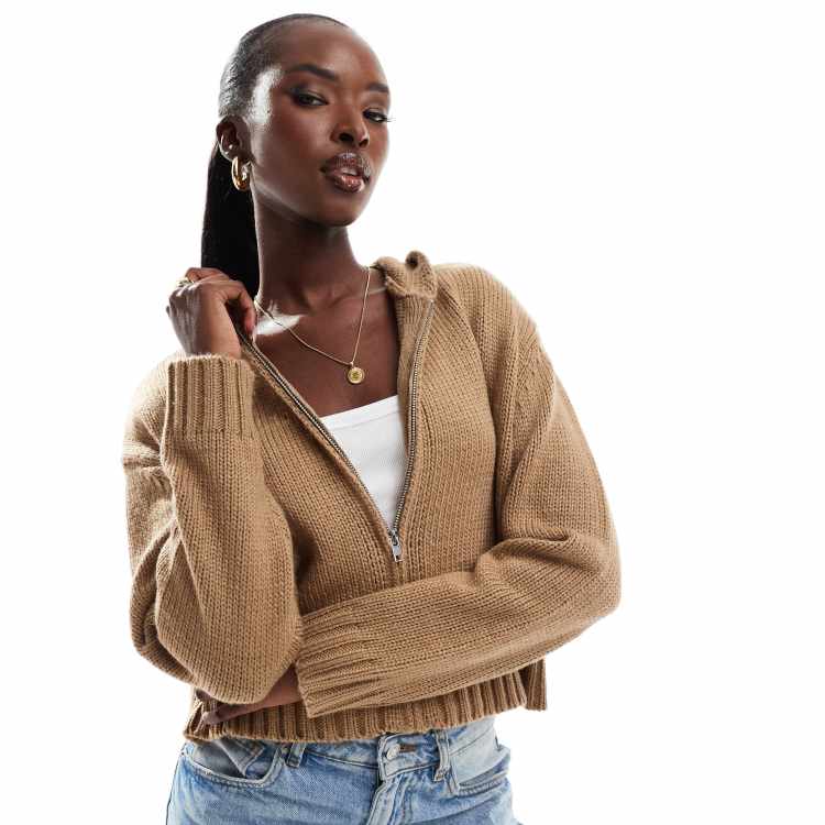 Aria Cove cropped knitted zip through hoodie in camel | ASOS
