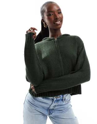 cropped knitted zip through hoodie in dark green