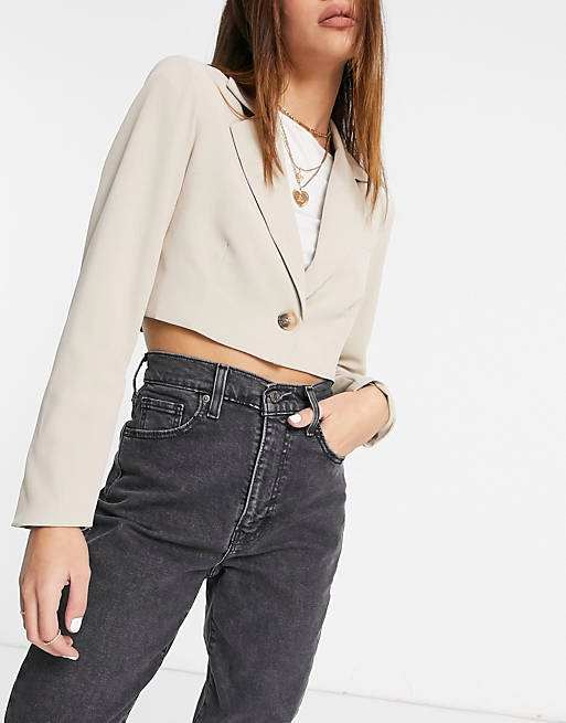 Aria Cove cropped tailored jacket with tie sleeve detail in stone