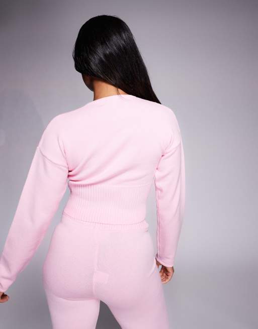 Aria Cove - Cropped vest met structuur en geribbelde taille in roze, deel van co-ord set, 3 van 4