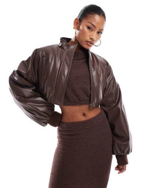 Aria Cove cropped vinyl padded coat in chocolate - view 1