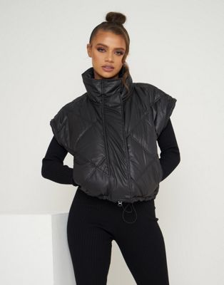 Aria Cove cropped wet look padded coat with detachable sleeves in black