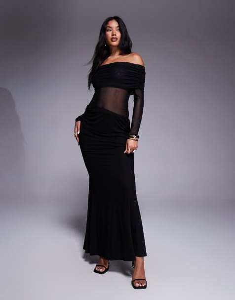 Aria Cove – Czarna siateczkowa sukienka maxi z dekoltem bardot i wycięciem z boku - view 1