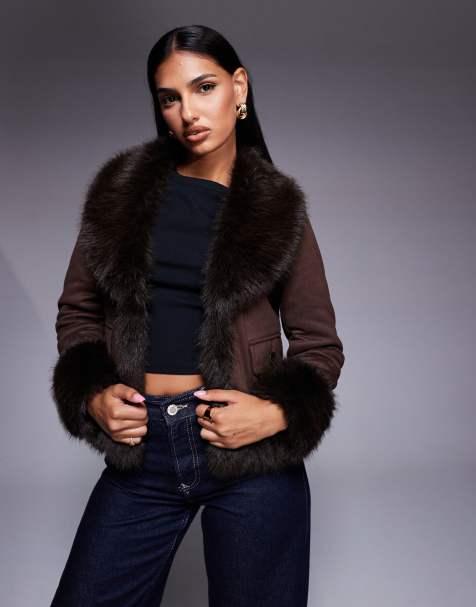 Aria Cove faux suede contrast faux fur trims jacket in chocolate