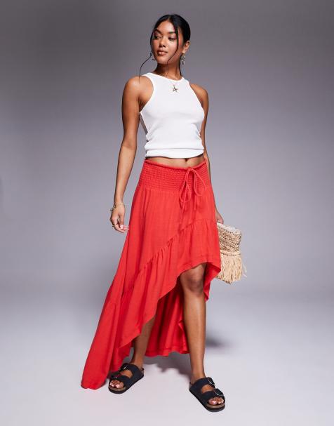 Aria Cove linen blend high low shirred waist maxi skirt in red