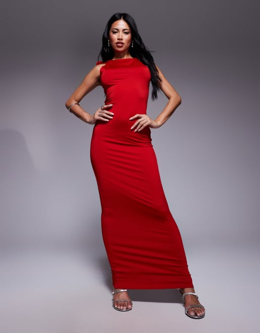Aria Cove – Czerwona przylegająca sukienka bodycon maxi modelująca z ozdobnym wiązaniem na ramieniu