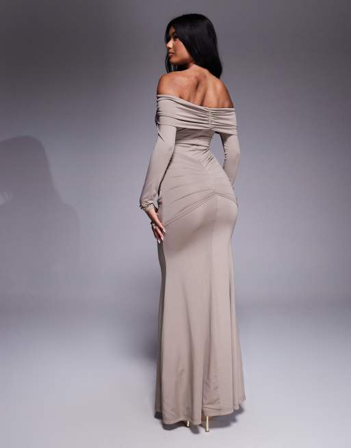 slim fit dress slacks In The Style - Satin Bardot Ruched Maxi Dress - Rose Pink