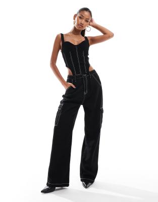 denim contrast stitch wide leg cargo jeans in black - part of a set