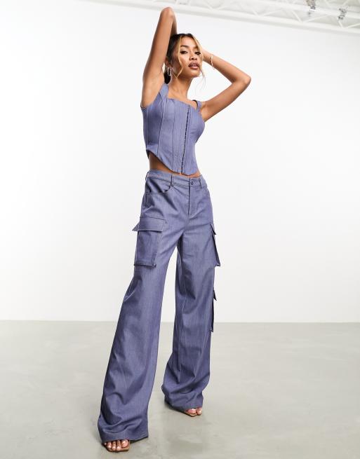 Aria Cove denim look corset top and wide leg pants set in blue | ASOS