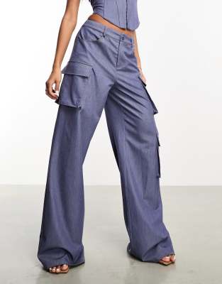 Aria Cove denim look wide leg pocket detail pants in blue (part of a set)