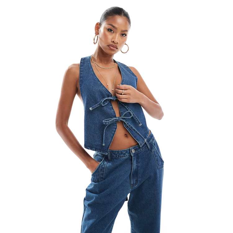 Aria Cove denim tie detail waistcoat co-ord in mid blue | ASOS