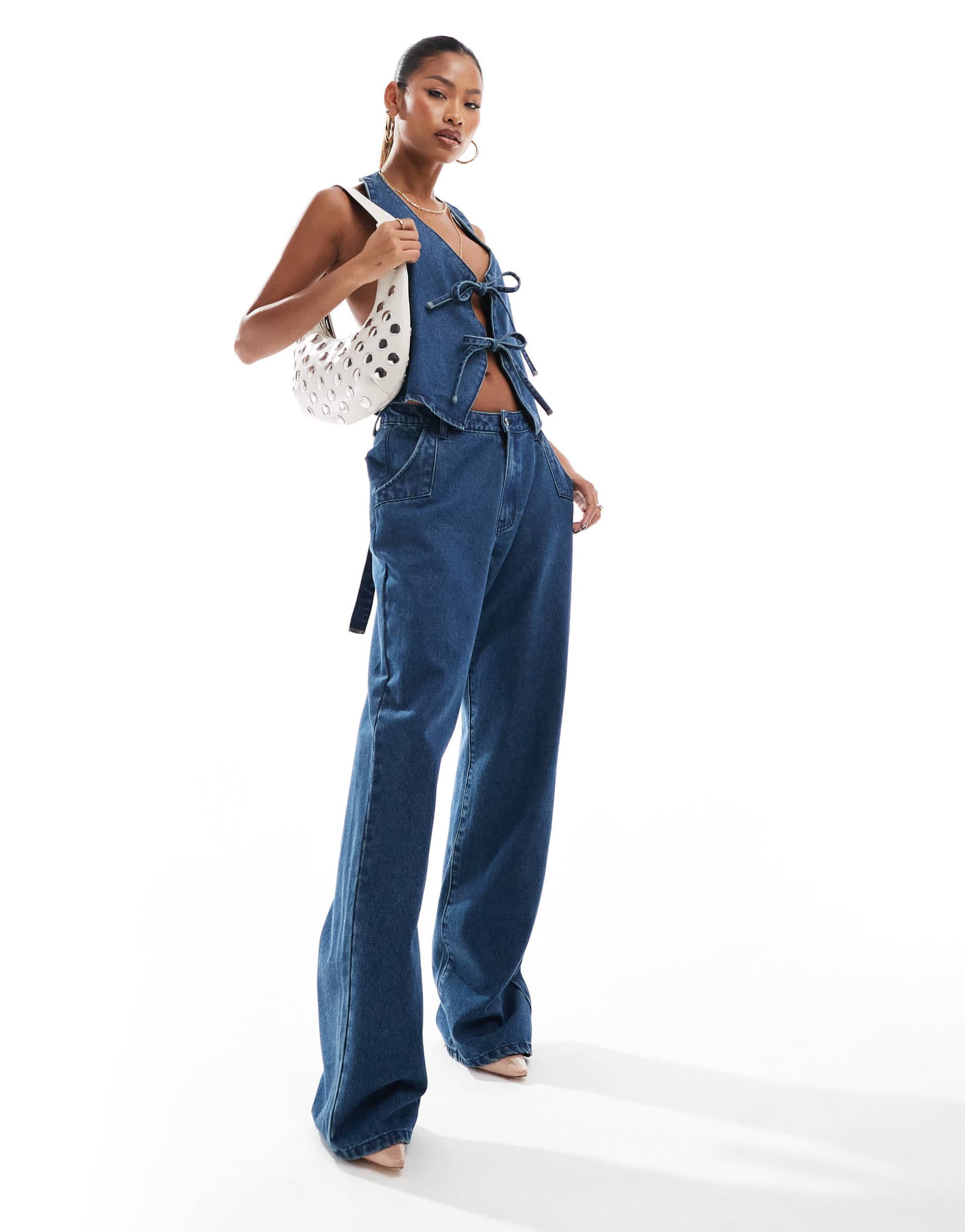 aria cove denim wide leg jeans in mid blue - part of a set