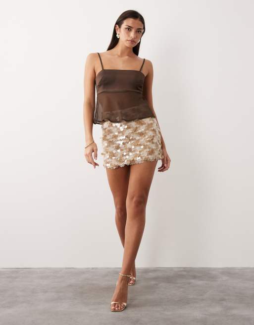 Aria Cove disc sequin mini skirt in neutral, 2 of 5