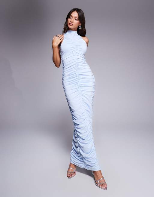 Aria Cove – Doppellagiges, hochgeschlossenes Bodycon-Maxikleid in Babyblau mit geschmeidiger Haptik und gerafftem Design 