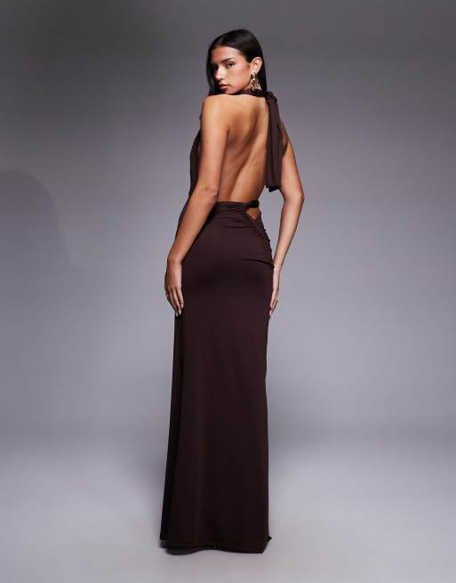Aria Cove double layered slinky asymmetric halterneck low twist back dress maxi dress in chocolate, 3 of 4