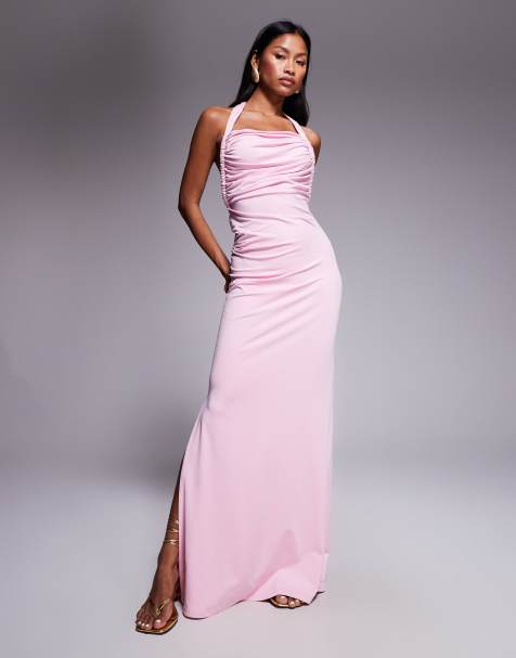 Aria Cove double layered slinky asymmetric halterneck low twist back dress maxi dress in pink - view 1