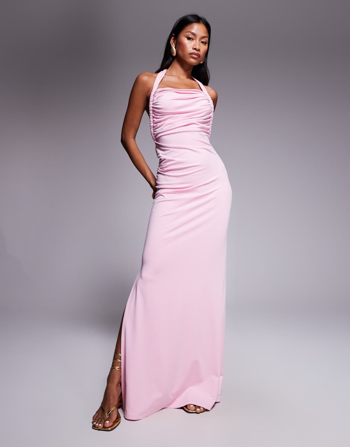 Aria Cove double layered slinky asymmetric halterneck low twist back dress maxi dress in pink