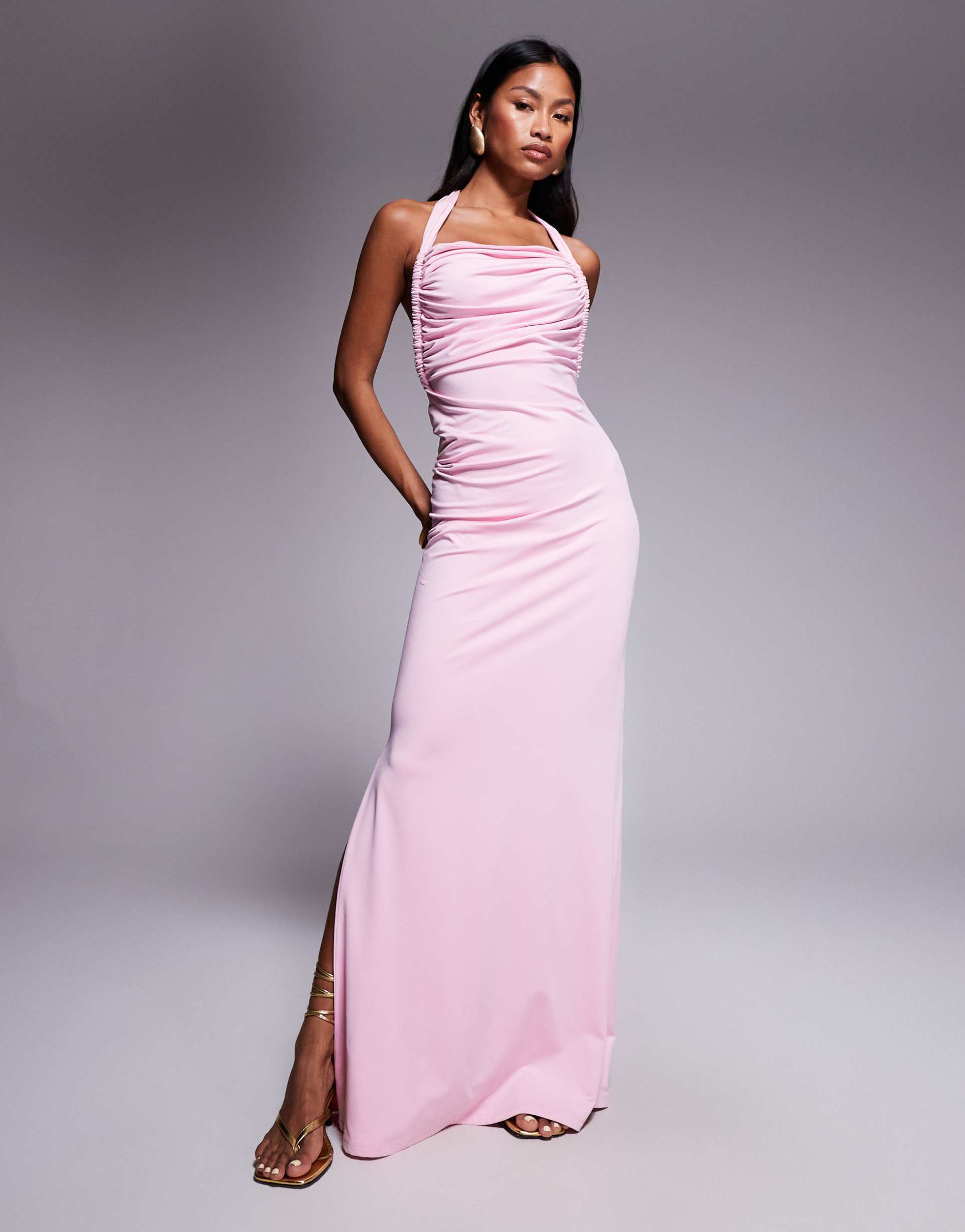 aria cove double layered slinky asymmetric halterneck low twist back dress maxi dress in pink