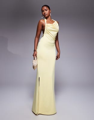aria cove double layered slinky asymmetric halterneck low twist back dress maxi dress in yellow