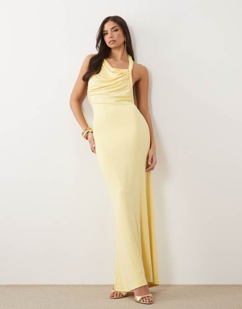Aria Cove double layered slinky asymmetric halterneck low twist back dress maxi dress in yellow - view 1
