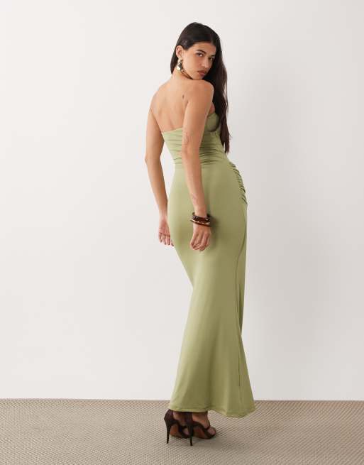 Aria Cove double layered slinky bandeau drape detail maxi dress  in light olive, 4 of 4
