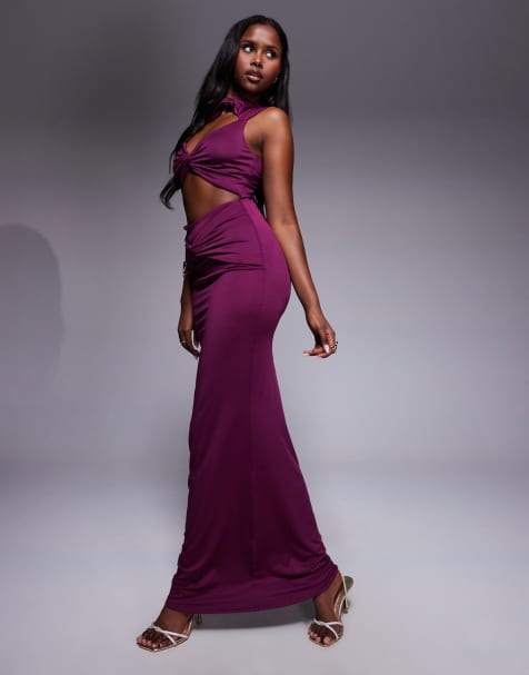 Aria Cove double layered slinky cut out high neck twist front maxi dress in plum - view 1