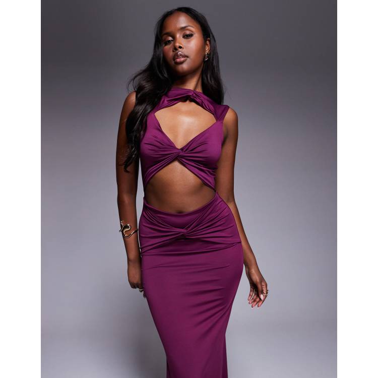 Aria Cove double layered slinky cut out high neck twist front maxi dress in plum-Purple