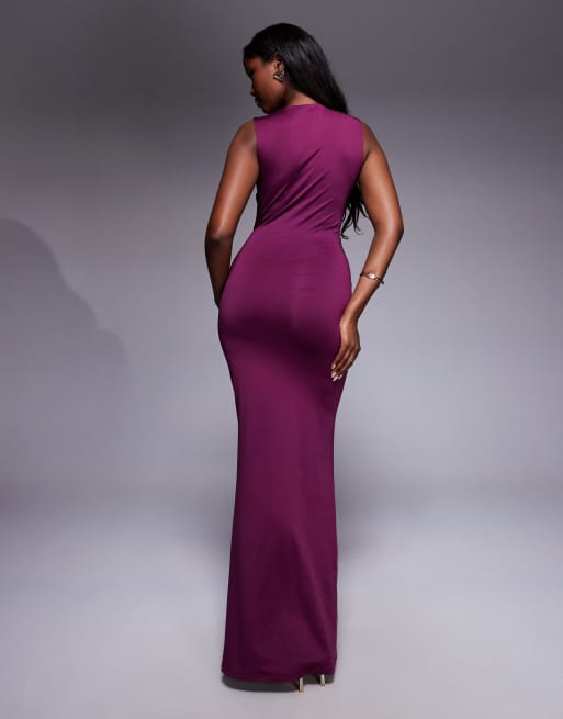 Aria Cove Double Layered Slinky Cut Out High Neck Twist Front Maxi Dress in plum-Purple
