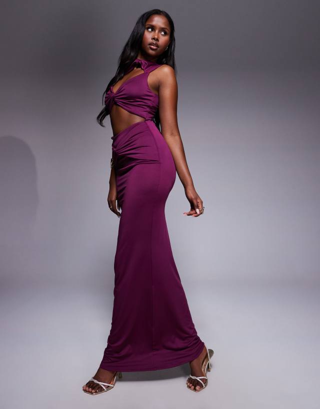 slinky jersey sarong maxi dress in elderberry Aria Cove double layered cut out high neck twist front plum Helsa brown dress