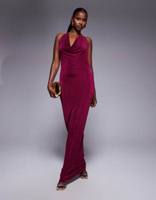 double layered slinky deep cowl neck open tie back maxi dress in berry-Purple