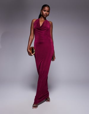 Aria Cove double layered slinky deep cowl neck open tie back maxi dress in berry