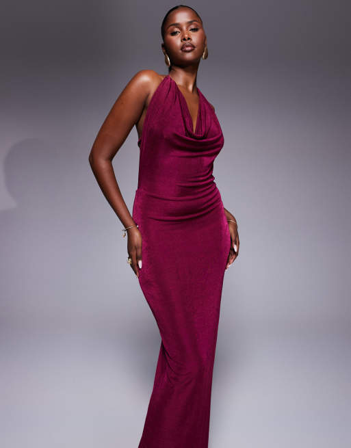 Aria Cove double layered slinky deep cowl neck open tie back maxi dress in  berry | ASOS