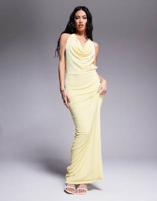 double layered slinky deep cowl neck open tie back maxi dress in yellow