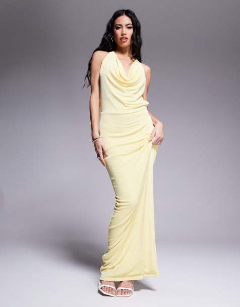 Aria Cove double layered slinky deep cowl neck open tie back maxi dress in yellow - view 1