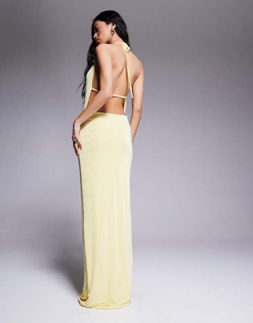 Aria Cove slinky deep cowl neck open tie back maxi dress in yellow
