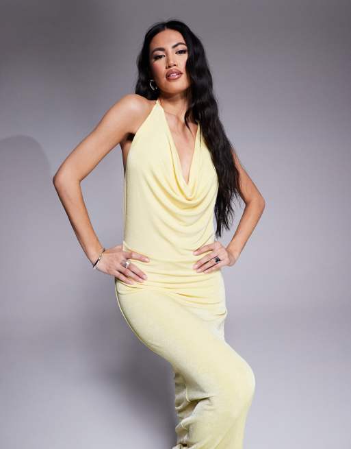 Aria Cove slinky deep cowl neck open tie back maxi dress in yellow