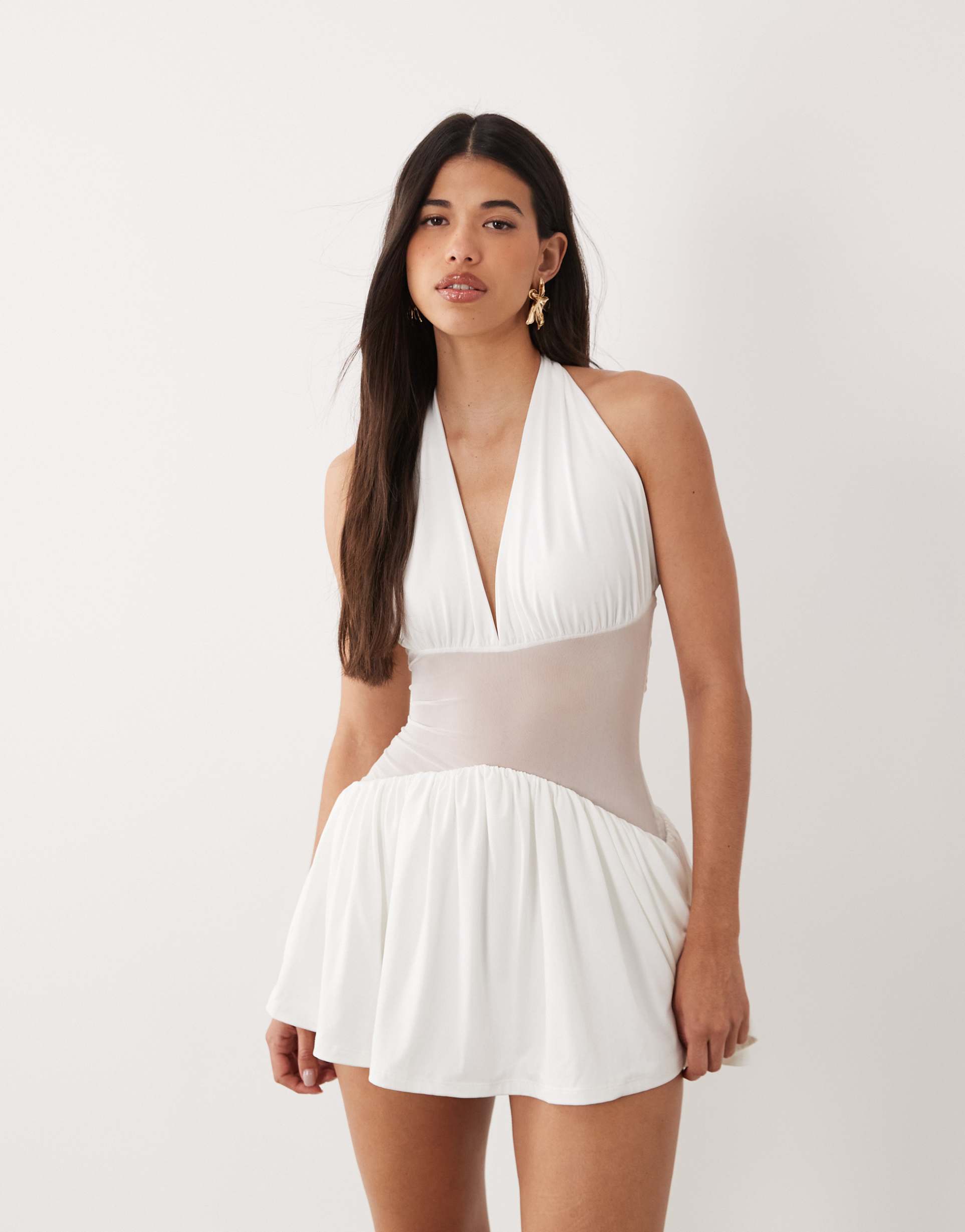 aria cove double layered slinky halterneck mesh insert detail mini dress in white