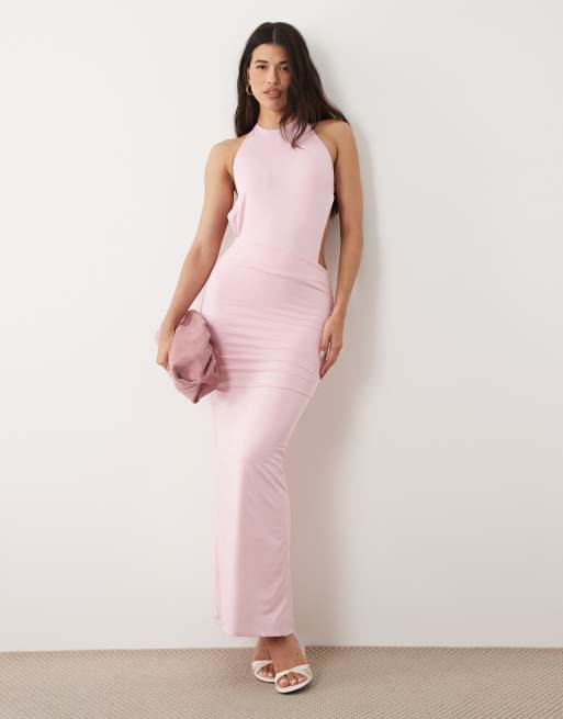 asos pink backless dress ASOS DESIGN drape asymmetric open back maxi dress in oversized pink floral  print
