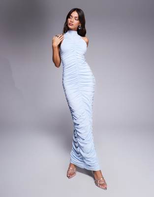 Aria Cove Aria Cove double layered slinky ruched high neck bodycon maxi dress in baby blue