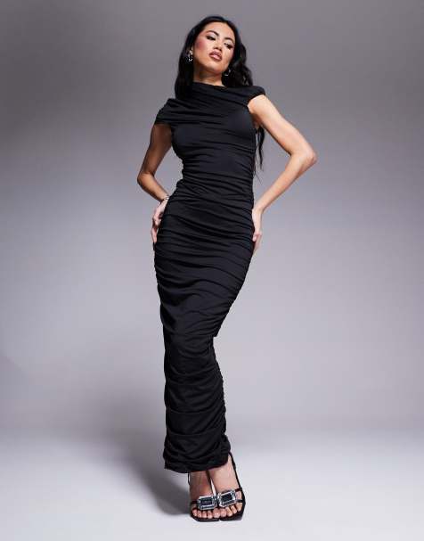 Aria Cove double layered slinky ruched off shoulder maxi dress in black - view 1