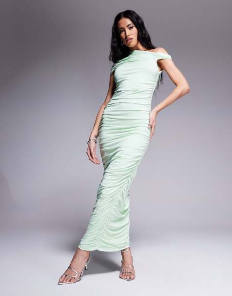 Aria Cove double layered slinky ruched off shoulder maxi dress in pistachio - view 1