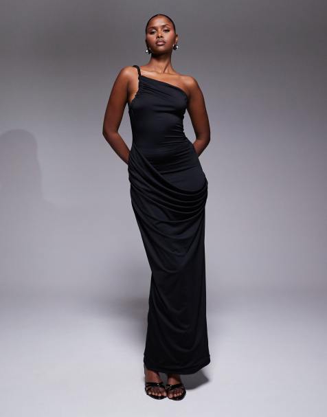 Aria Cove double sculpted slinky asymmetric open back drape front detail maxi dress in black - view 1