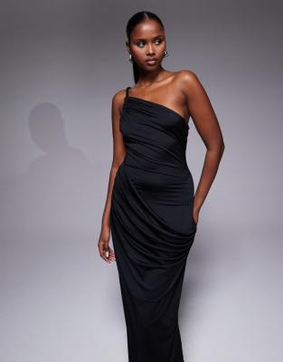 Aria Cove Double Sculpted Slinky Asymmetric Open Back Drape Front Detail Maxi Dress In Black