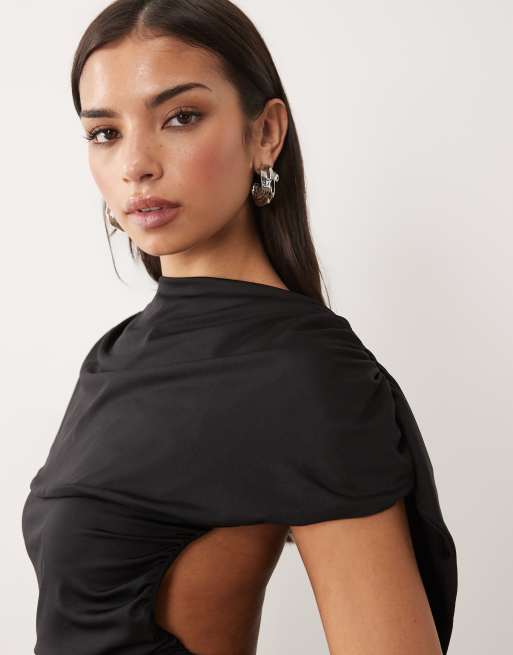 Aria Cove double sculpted slinky cape drape detail open back mini dress in black, 5 of 6