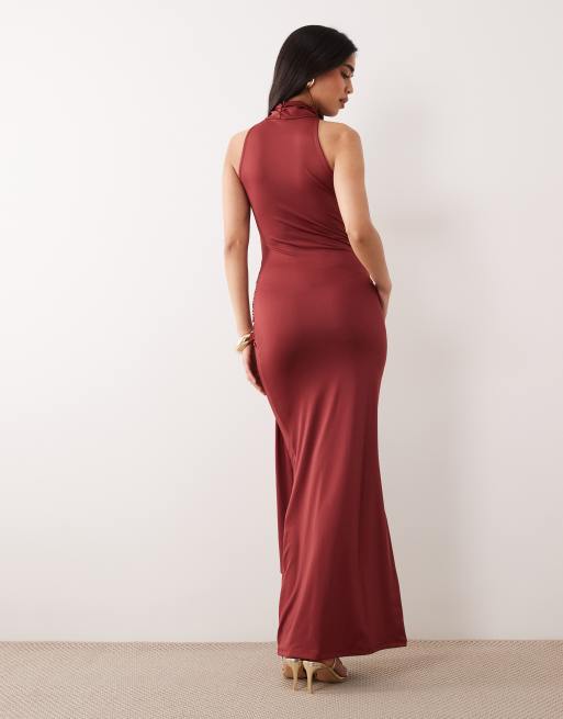 Aria Cove double sculpted slinky high neck drape front maxi dress in burgundy, 3 of 4
