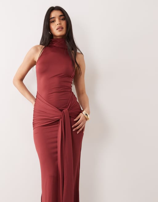 Aria Cove double sculpted slinky high neck drape front maxi dress in burgundy, 4 of 4